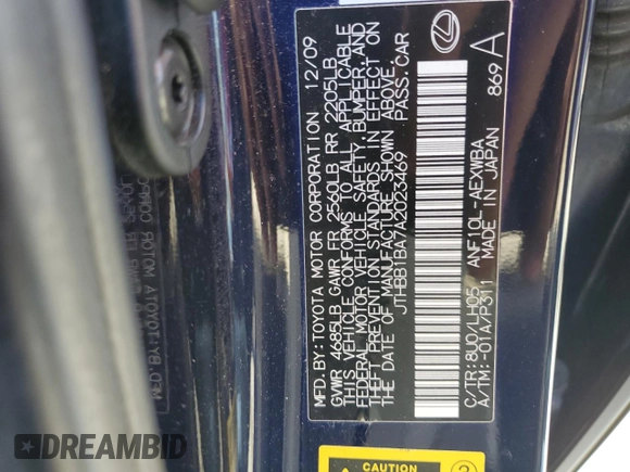2010 Lexus HS 250h with VIN JTHBB1BA7A2023469, listed as a Copart auction lot 53436635 with 183,541 mi miles and Salvage Title. Bid and sale history available at carsss.com. Image 14.