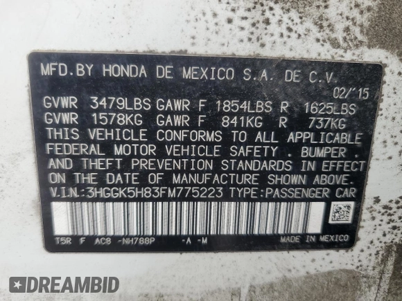 2015 Honda Fit EX-L with VIN 3HGGK5H83FM775223, listed as a Copart auction lot 63779045 with Not provided miles and Salvage title. Bid and sale history available at DreamBid. Image 12.