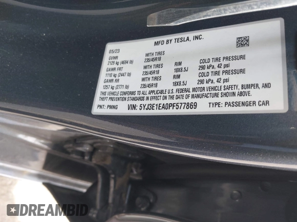 2023 Tesla Model 3 z VIN 5YJ3E1EA0PF577869, wystawiony jako IAAI lot #41468956 z przebiegiem 38 760 mil mil oraz . Historia ofert i sprzedaży dostępna na DreamBid. Obrazek 9.