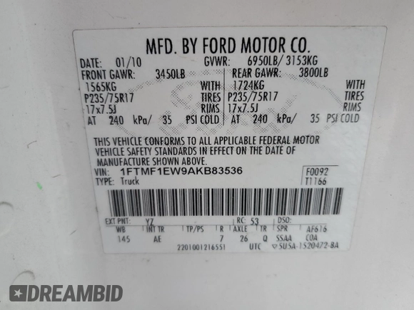 2010 Ford F-150 XL with VIN 1FTMF1EW9AKB83536, listed as a Copart auction lot 44508735 with 140,648 mi miles and Salvage title. Bid and sale history available at DreamBid. Image 13.