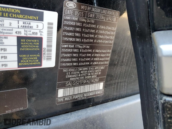 2015 Land Rover Range Rover Supercharged with VIN SALGS2TF9FA236260, listed as a Copart auction lot 53056205 with 112,231 mi miles and Salvage title. Bid and sale history available at DreamBid. Image 13.