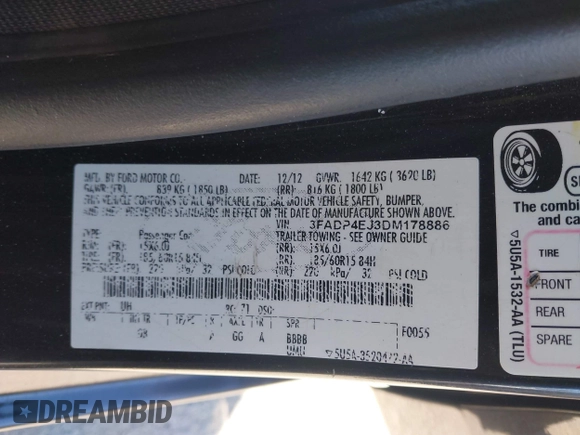 2013 Ford Fiesta SE with VIN 3FADP4EJ3DM178886, listed as a IAAI auction lot 41903300 with 135,817 mi miles and . Bid and sale history available at DreamBid. Image 9.