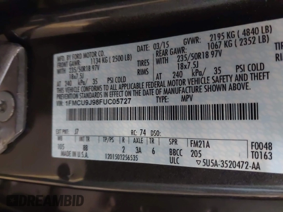 2015 Ford Escape Titanium с VIN 1FMCU9J98FUC05727, выставлен на аукционе IAAI как лот 42229328 с пробегом 112 896 миль миль и . История ставок и продаж доступна на DreamBid. Изображение 9.