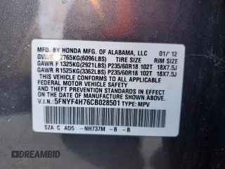 2012 Honda Pilot EX-L with VIN 5FNYF4H76CB028501, listed as a Copart auction lot 47293785 with 286,061 mi miles and Salvage Title. Bid and sale history available at DreamBid. Image 13.
