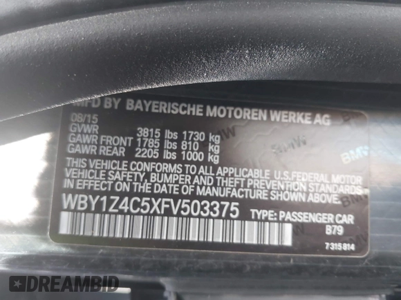2015 BMW i3 with VIN WBY1Z4C5XFV503375, listed as a IAAI auction lot 42563459 with 38,933 mi miles and . Bid and sale history available at DreamBid. Image 9.