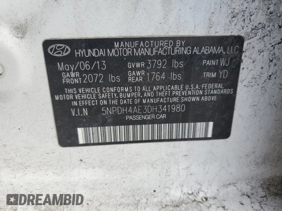 2013 Hyundai Elantra Limited with VIN 5NPDH4AE3DH341980, listed as a Copart auction lot 50738465 with 179,913 mi miles and Salvage Title. Bid and sale history available at DreamBid. Image 13.