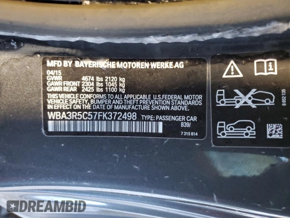 2015 BMW 4 Series 435i xDrive z VIN WBA3R5C57FK372498, wystawiony jako Copart lot #46132005 z przebiegiem Nie podano mil oraz Szkoda całkowita • Salvage title. Historia ofert i sprzedaży dostępna na DreamBid. Obrazek 12.