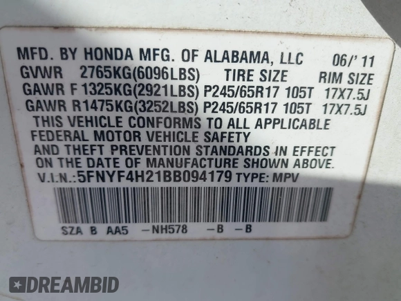 2011 Honda Pilot LX with VIN 5FNYF4H21BB094179, listed as a IAAI auction lot 42012733 with 183,546 mi miles. Bid and sale history available at carsss.com. Image 9.