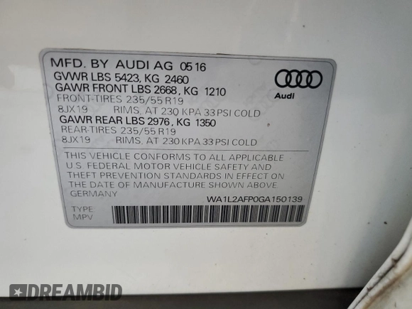 2016 Audi Q5 Premium Plus с VIN WA1L2AFP0GA150139, выставлен на аукционе Copart как лот 61922705 с пробегом 103 487 миль миль и Списание • Salvage title. История ставок и продаж доступна на DreamBid. Изображение 13.