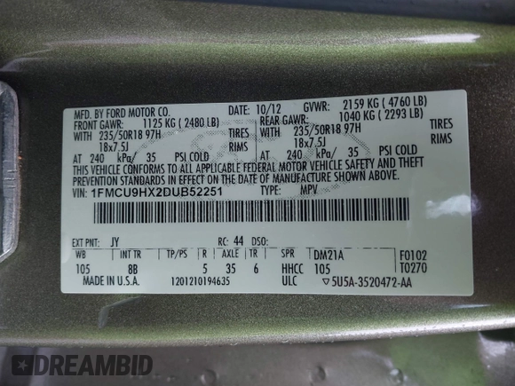 2013 Ford Escape SEL с VIN 1FMCU9HX2DUB52251, выставлен на аукционе IAAI как лот 42253659 с пробегом Не указан миль и . История ставок и продаж доступна на DreamBid. Изображение 9.