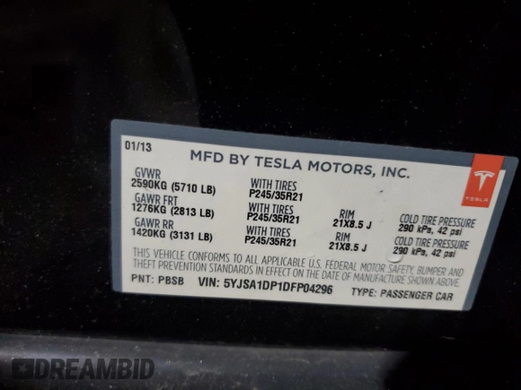 2013 Tesla Model S Performance с VIN 5YJSA1DP1DFP04296, выставлен на аукционе Copart как лот 61494385 с пробегом 35 075 миль миль и Чистый • Clean title. История ставок и продаж доступна на DreamBid. Изображение 12.