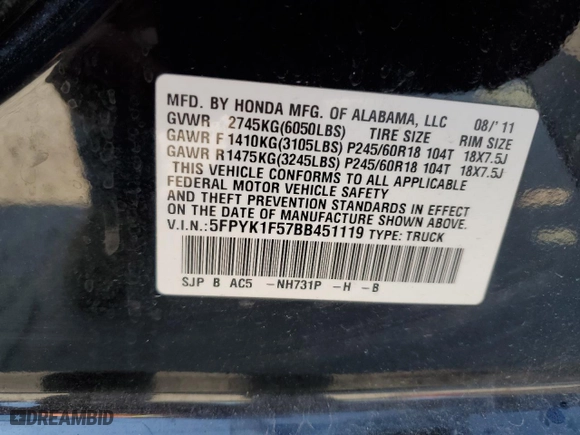 2011 Honda Ridgeline RTL with VIN 5FPYK1F57BB451119, listed as a Copart auction lot 72196924 with 114,736 mi miles and Salvage Title. Bid and sale history available at carsss.com. Image 14.
