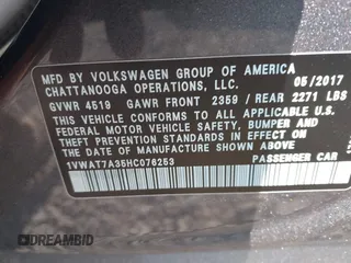 2017 Volkswagen Passat S with VIN 1VWAT7A35HC076253, listed as a IAAI auction lot 42594657 with 121,103 mi miles and . Bid and sale history available at DreamBid. Image 9.