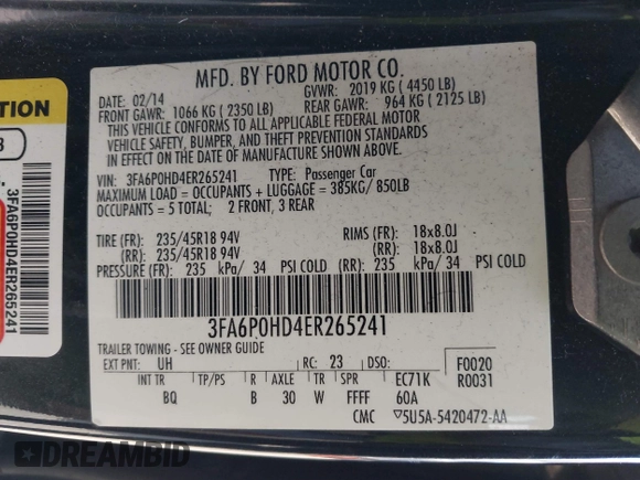 2014 Ford Fusion SE with VIN 3FA6P0HD4ER265241, listed as a IAAI auction lot 41473021 with 117,226 mi miles and . Bid and sale history available at DreamBid. Image 9.