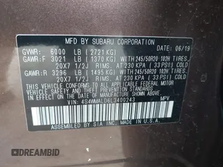 2020 Subaru Ascent Limited with VIN 4S4WMALD6L3400243, listed as a IAAI auction lot 42593197 with 49,465 mi miles and . Bid and sale history available at DreamBid. Image 9.