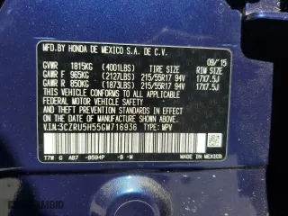 2016 Honda HR-V EX with VIN 3CZRU5H55GM716936, listed as a Copart auction lot 48303145 with 0 mi miles and Salvage Title. Bid and sale history available at carsss.com. Image 12.