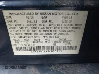 2008 Nissan Maxima SE with VIN 1N4BA41EX8C830315, listed as a IAAI auction lot 42538791 with 105,315 mi miles and . Bid and sale history available at DreamBid. Image 9.