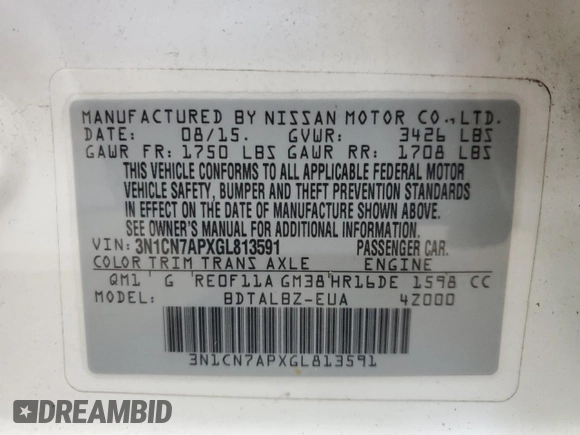 2016 Nissan Versa SV with VIN 3N1CN7APXGL813591, listed as a Copart auction lot 53383535 with 158,270 mi miles and Clean Title. Bid and sale history available at DreamBid. Image 12.