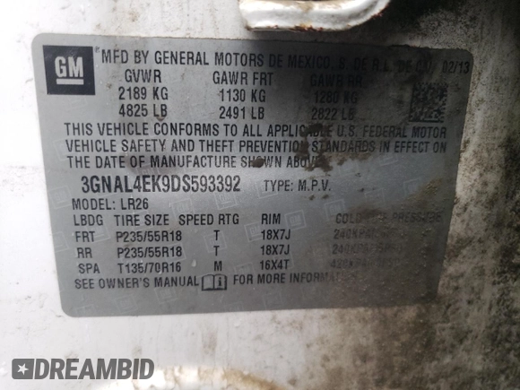 2013 Chevrolet Captiva Sport LTZ with VIN 3GNAL4EK9DS593392, listed as a Copart auction lot 72373684 with 127,984 mi miles and Salvage Title. Bid and sale history available at DreamBid. Image 13.