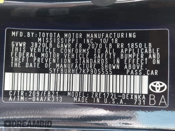 2019 Toyota Corolla L z VIN 5YFBURHE7KP905555, wystawiony jako IAAI lot #41943232 z przebiegiem 83 213 mil mil oraz . Historia ofert i sprzedaży dostępna na DreamBid. Obrazek 9.
