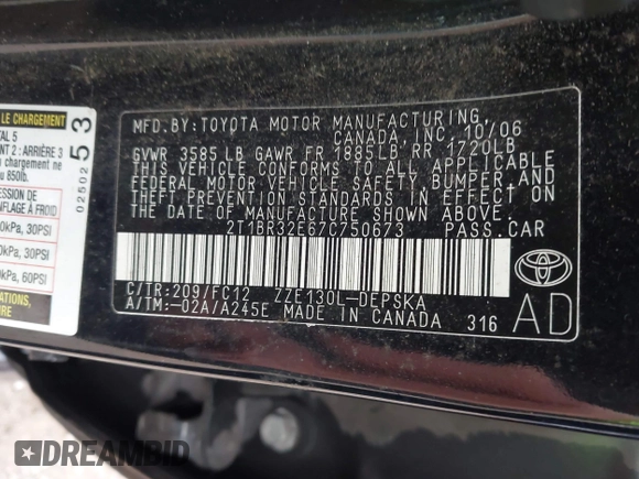 2007 Toyota Corolla CE with VIN 2T1BR32E67C750673, listed as a IAAI auction lot 42166108 with 262,123 mi miles and . Bid and sale history available at DreamBid. Image 9.