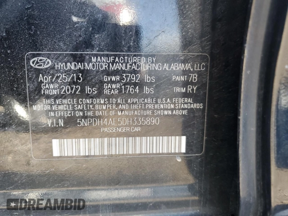 2013 Hyundai Elantra GLS with VIN 5NPDH4AE5DH335890, listed as a Copart auction lot 49496005 with 179,897 mi miles and Salvage title. Bid and sale history available at DreamBid. Image 12.