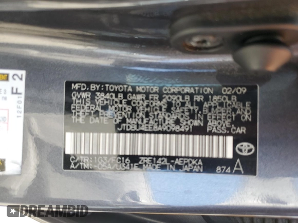 2010 Toyota Corolla with VIN JTDBU4EE8A9098491, listed as a Copart auction lot 60307635 with 425,918 mi miles and Salvage title. Bid and sale history available at DreamBid. Image 12.