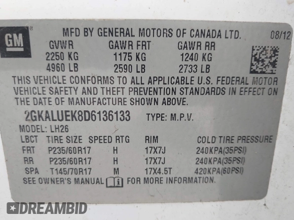 2013 GMC Terrain SLT with VIN 2GKALUEK8D6136133, listed as a IAAI auction lot 42130839 with 95,077 mi miles and . Bid and sale history available at carsss.com. Image 9.