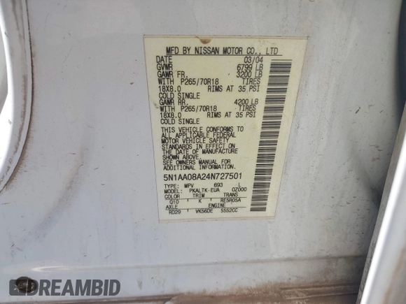 2004 Nissan Armada SE z VIN 5N1AA08A24N727501, wystawiony jako IAAI lot #42032228 z przebiegiem 232 245 mil mil oraz . Historia ofert i sprzedaży dostępna na DreamBid. Obrazek 9.