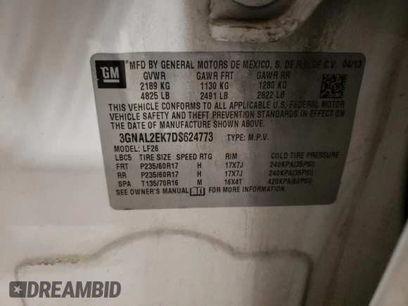 2013 Chevrolet Captiva Sport LS with VIN 3GNAL2EK7DS624773, listed as a Copart auction lot 73602844 with 205,317 mi miles and Clean Title. Bid and sale history available at DreamBid. Image 13.