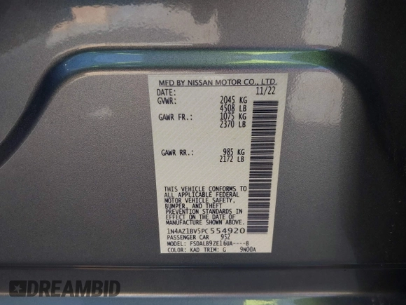 2023 Nissan LEAF S with VIN 1N4AZ1BV5PC554920, listed as a IAAI auction lot 41840547 with 22,329 mi miles and . Bid and sale history available at DreamBid. Image 9.