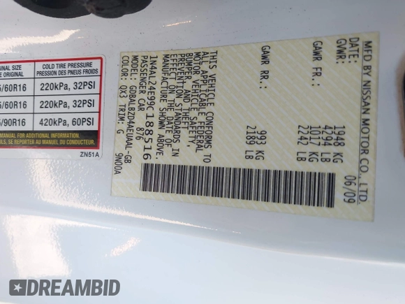 2009 Nissan Altima S z VIN 1N4AL24E99C188516, wystawiony jako IAAI lot #42128770 z przebiegiem 172 666 mil mil oraz . Historia ofert i sprzedaży dostępna na DreamBid. Obrazek 9.