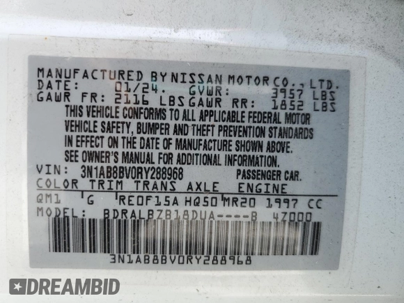 2024 Nissan Sentra S with VIN 3N1AB8BV0RY288968, listed as a Copart auction lot 59863405 with 31,397 mi miles and Salvage title. Bid and sale history available at DreamBid. Image 13.