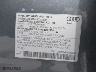 2015 Audi Q3 2.0T Premium Plus with VIN WA1EFCFSXFR009768, listed as a IAAI auction lot 41974476 with 53,013 mi miles. Bid and sale history available at carsss.com. Image 9.