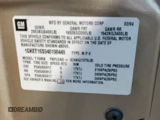 2004 GMC Envoy SLE z VIN 1GKET16S946198449, wystawiony jako Copart lot #58758375 z przebiegiem 102 946 mil mil oraz Szkoda całkowita • Salvage title. Historia ofert i sprzedaży dostępna na DreamBid. Obrazek 13.