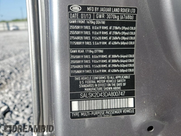 2013 Land Rover Range Rover Sport HSE LUX with VIN SALSK2D43DA800747, listed as a Copart auction lot 52881685 with 108,799 mi miles and Salvage Title. Bid and sale history available at carsss.com. Image 13.