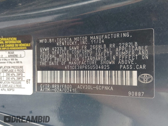 2005 Toyota Solara SE with VIN 4T1CE38P65U504825, listed as a IAAI auction lot 42440723 with 254,467 mi miles and . Bid and sale history available at DreamBid. Image 9.