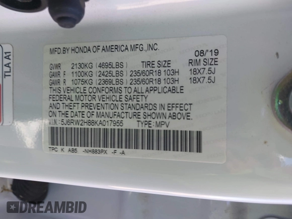 2019 Honda CR-V EX-L with VIN 5J6RW2H88KA017955, listed as a IAAI auction lot 41947730 with 69,955 mi miles and . Bid and sale history available at carsss.com. Image 9.