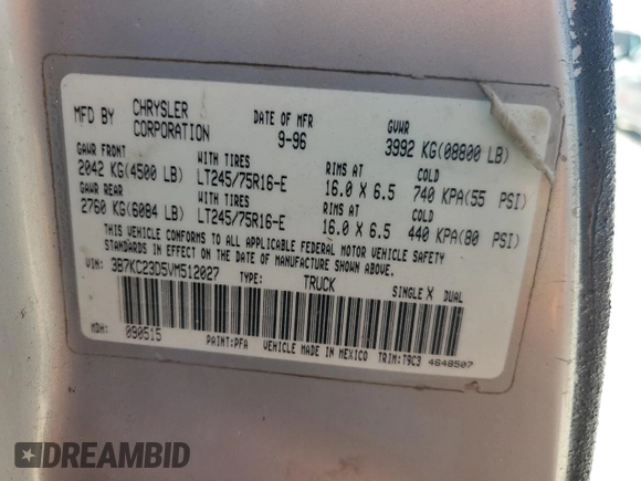1997 Dodge Ram 2500 with VIN 3B7KC23D5VM512027, listed as a Copart auction lot 75405284 with 238,256 mi miles and Salvage Title. Bid and sale history available at carsss.com. Image 12.