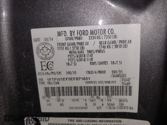 2014 Ford F-150 XL with VIN 1FTFW1EF5EFB71651, listed as a IAAI auction lot 42051456 with 143,945 mi miles and . Bid and sale history available at DreamBid. Image 9.