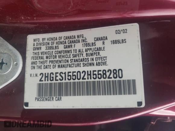 2002 Honda Civic LX with VIN 2HGES15502H558280, listed as a Copart auction lot 43611285 with 164,284 mi miles and Salvage Title. Bid and sale history available at DreamBid. Image 14.