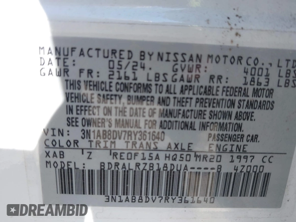 2024 Nissan Sentra SR with VIN 3N1AB8DV7RY361640, listed as a IAAI auction lot 42032715 with 9,494 mi miles and . Bid and sale history available at DreamBid. Image 9.