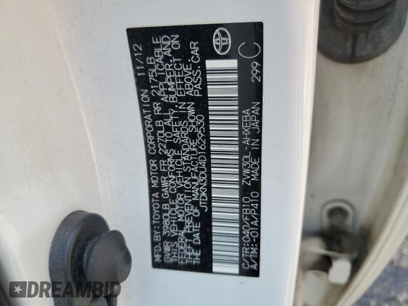 2013 Toyota Prius One with VIN JTDKN3DU4D1629530, listed as a Copart auction lot 63483455 with 111,459 mi miles and Clean title. Bid and sale history available at DreamBid. Image 13.