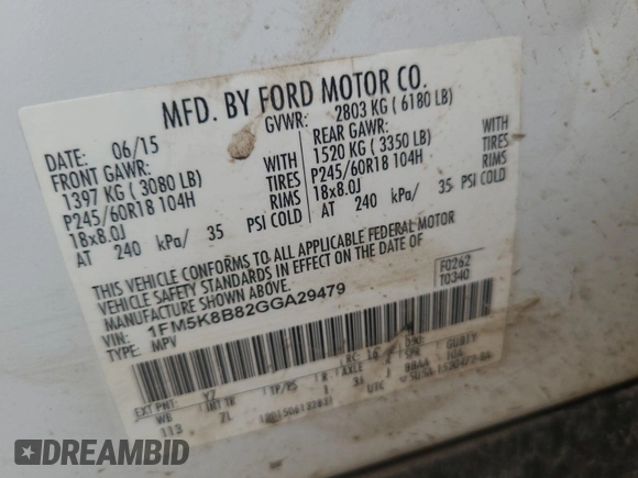 2016 Ford Explorer with VIN 1FM5K8B82GGA29479, listed as a IAAI auction lot 42844342 with 235,024 mi miles and . Bid and sale history available at DreamBid. Image 44.