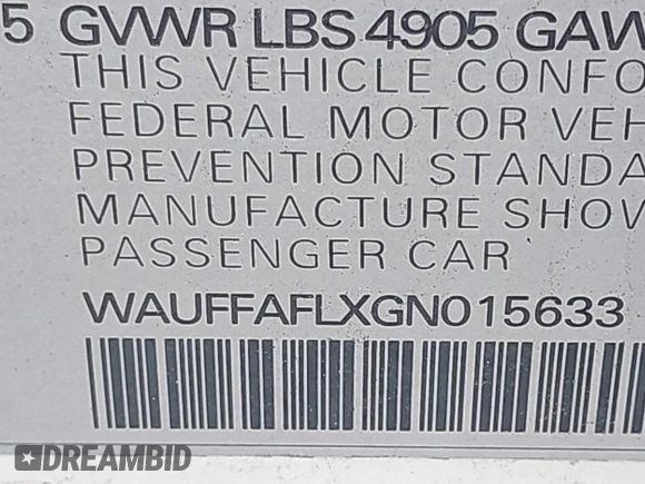 2016 Audi A4 Premium Plus with VIN WAUFFAFLXGN015633, listed as a IAAI auction lot 42084662 with 82,572 mi miles. Bid and sale history available at carsss.com. Image 9.