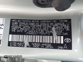 2007 Toyota Prius with VIN JTDKB20U177594715, listed as a IAAI auction lot 42629072 with 238,277 mi miles and . Bid and sale history available at DreamBid. Image 9.