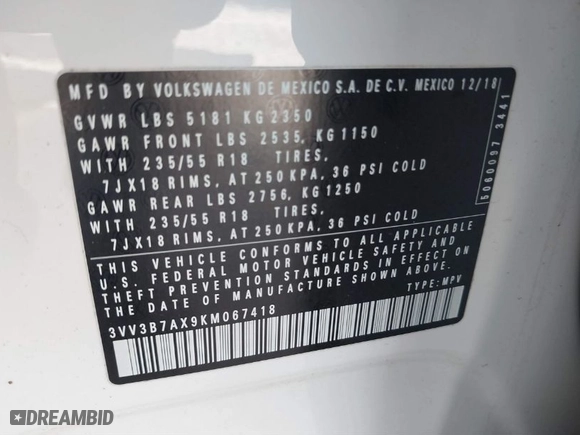 2019 Volkswagen Tiguan SE with VIN 3VV3B7AX9KM067418, listed as a IAAI auction lot 41434045 with 96,968 mi miles. Bid and sale history available at carsss.com. Image 9.