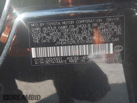 2020 Lexus IS with VIN JTHDA1D29L5101656, listed as a IAAI auction lot 41580146 with 39,772 mi miles. Bid and sale history available at carsss.com. Image 9.