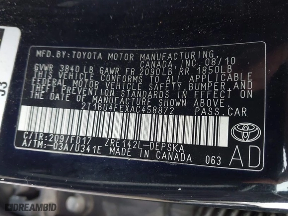 2010 Toyota Corolla with VIN 2T1BU4EEXAC458872, listed as a IAAI auction lot 41899479 with 169,513 mi miles. Bid and sale history available at carsss.com. Image 9.