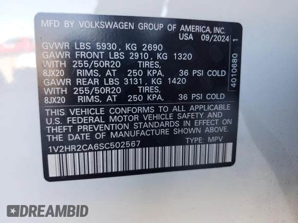2025 Volkswagen Atlas SE with VIN 1V2HR2CA6SC502567, listed as a Copart auction lot 42052585 with 8,407 mi miles and Clean title. Bid and sale history available at DreamBid. Image 13.
